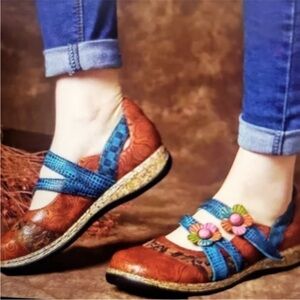 women's Retro England Floral Leather handstitch sz 40 9to9.5